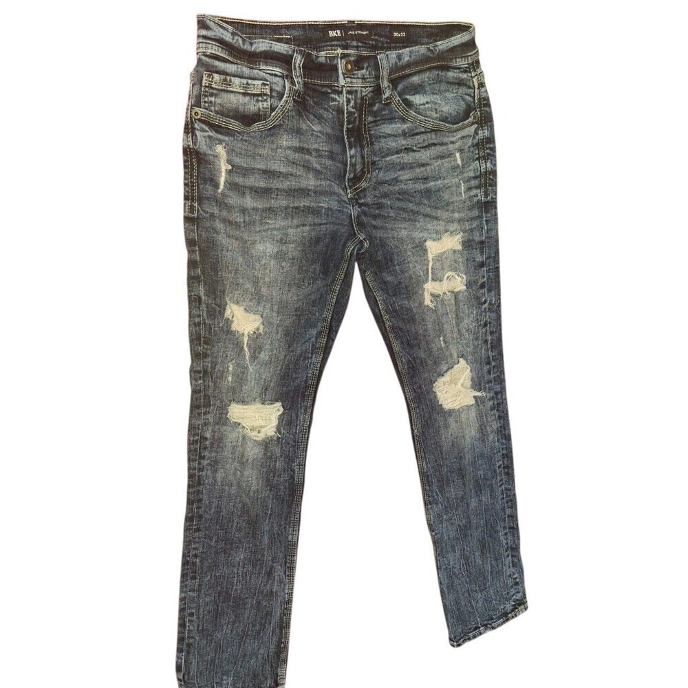 BKE Buckle Men's  Jeans Jake Straight Whiskered Distressed Dark Wash Size 30x32